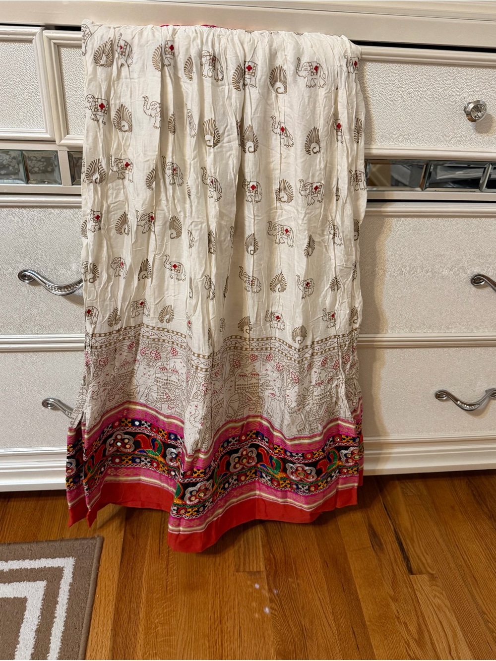 Boho Embroidered Border Maxi Skirt - White with Pink Accents